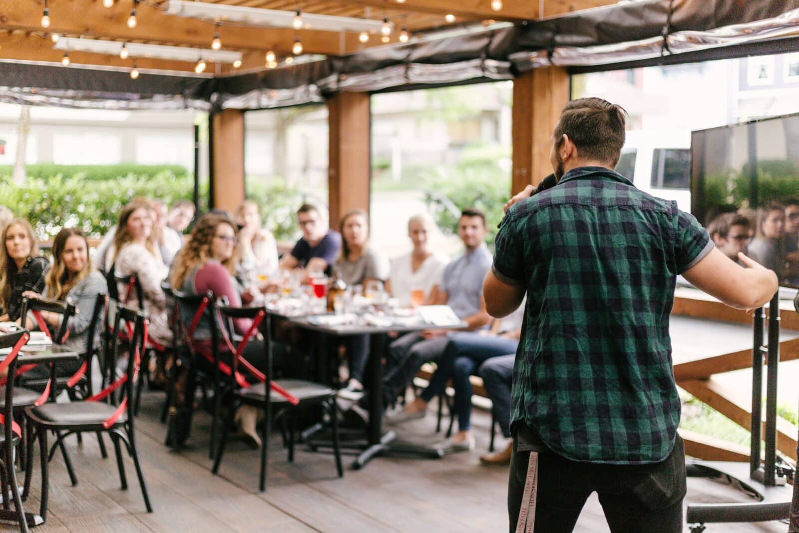 public speaking outside dining area