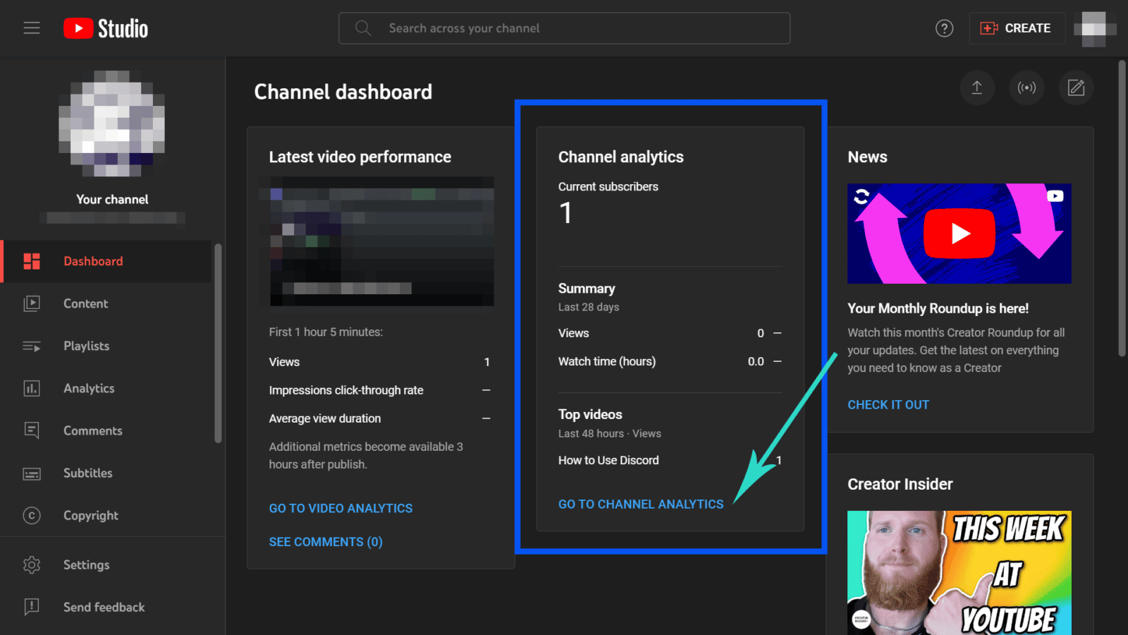 YouTube channel dashboard