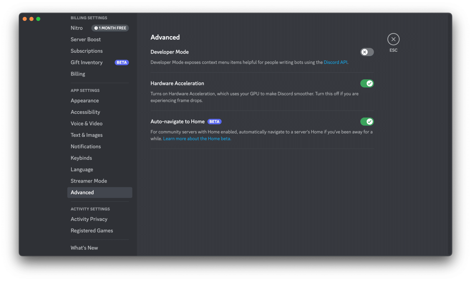 Discord advanced settings