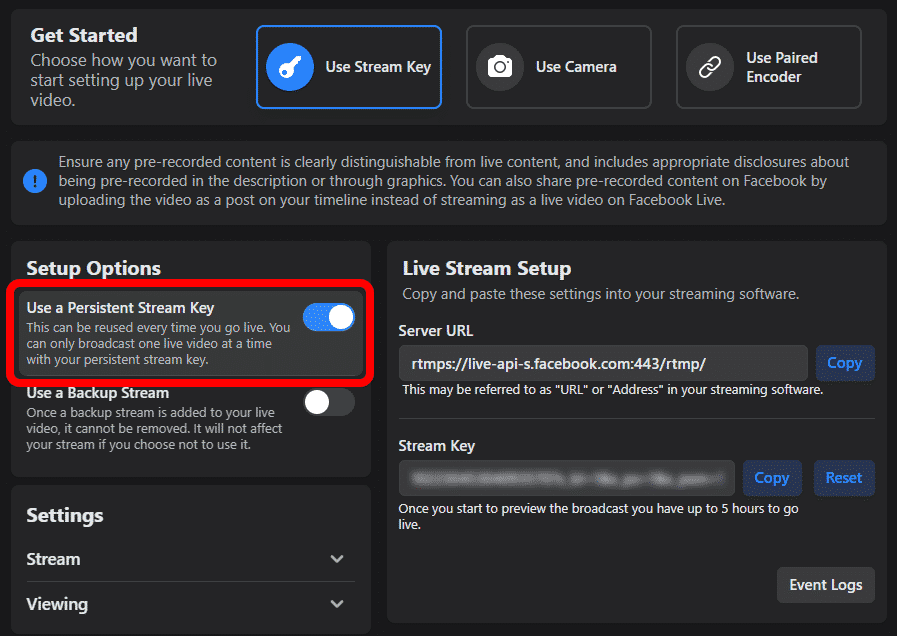 facebook setup options persistent stream key