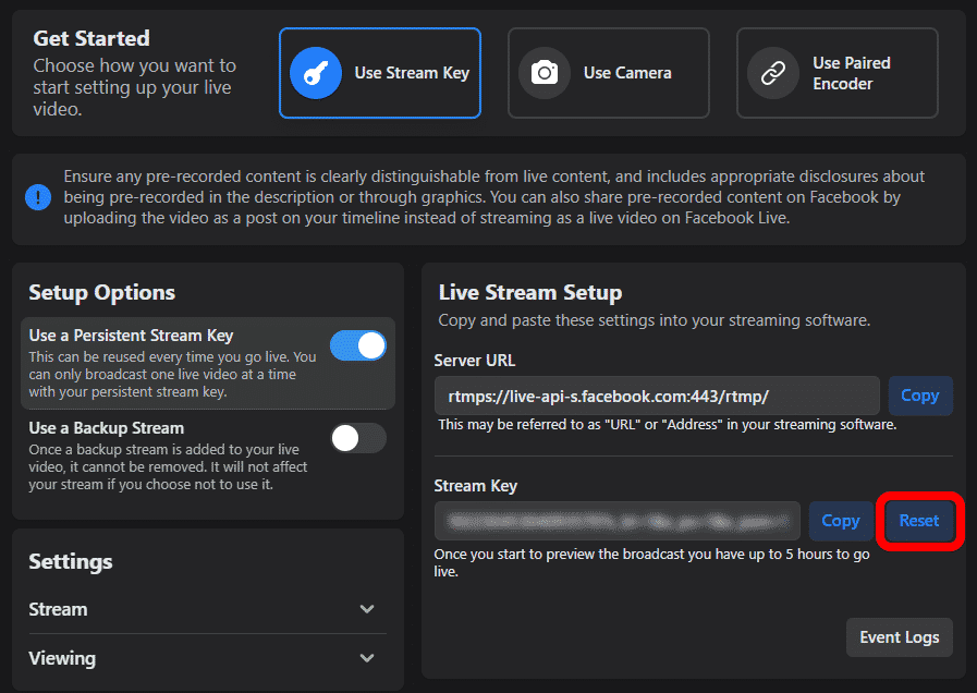 facebook stream key reset