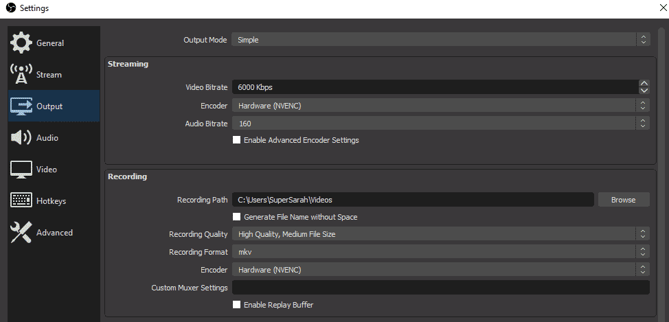 obs settings output