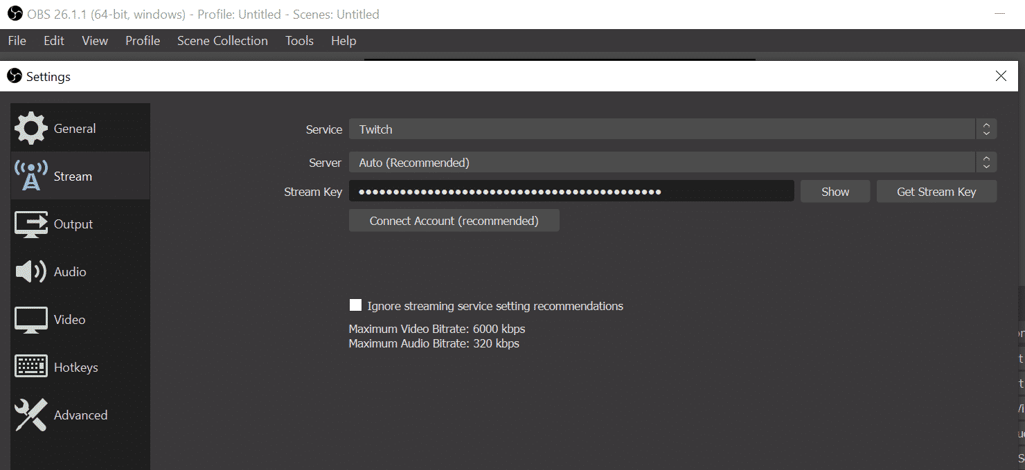 OBS stream settings