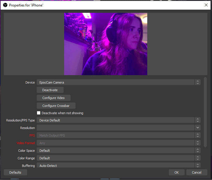 settings OBS webcam