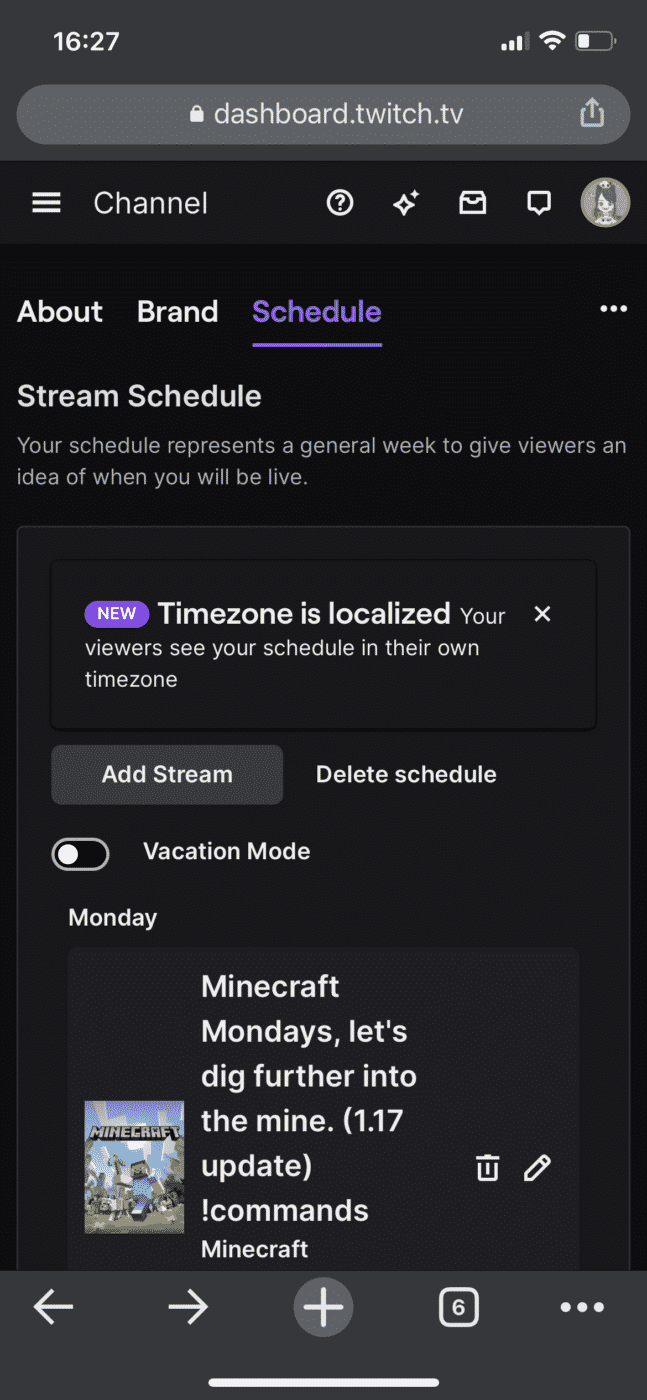 twitch dashboard Schedule