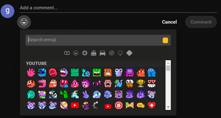 YouTube emote selection window